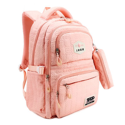 Pink Emboss School Bags Backpack Nylon Polyester Material With Pencil Case